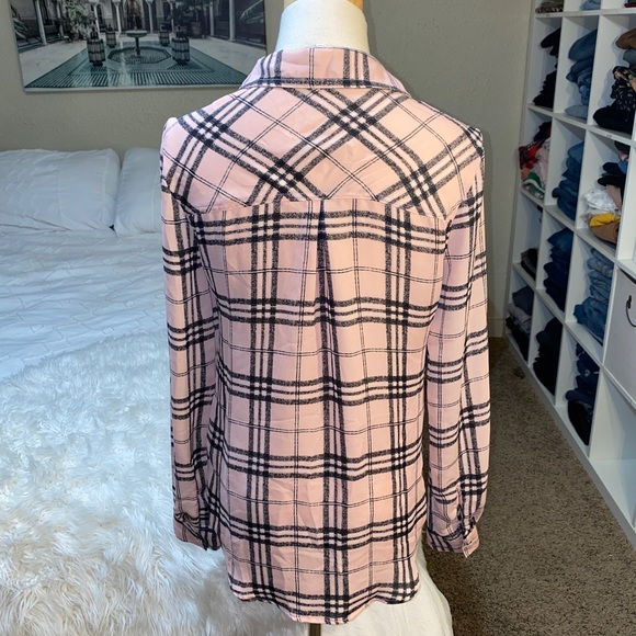 Candie’s | Pink Plaid Lightweight Sheer Flannel Button Ip Top Cutout Shoulders - Picture 3 of 13